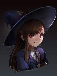 Rule 34 | 1girl, brown hair, closed mouth, cropped torso, hat, kagari atsuko, little witch academia, long hair, portrait, red eyes, school uniform, sidelocks, solo, wiiczp, witch, witch hat