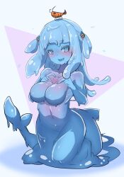 Rule 34 | 1girl, alternate breast size, blue eyes, blue hair, blue sclera, blue skin, blunt bangs, blush, breasts, colored sclera, colored skin, commentary, core, ebi-chan (gawr gura), english commentary, fins, fish tail, gawr gura, hair ornament, heart, heart hands, heart on chest, highres, hololive, hololive english, large breasts, long hair, looking at viewer, medium hair, monster girl, moral cacoethes, navel, no nipples, open mouth, pink background, see-through body, shark hair ornament, shark tail, sharp teeth, simple background, slime (substance), slime girl, slimification, smile, solo, tail, teeth, see-through body, two-tone background, two side up, virtual youtuber, white background