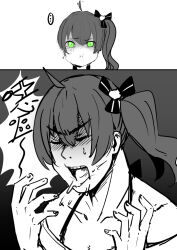 Rule 34 | ..., 1girl, 2koma, ahoge, collarbone, comic, cum, cum in mouth, disgust, green eyes, greyscale, h2o (ddks2923), highres, hololive, looking at viewer, monochrome, natsuiro matsuri, natsuiro matsuri (1st costume), open mouth, shaded face, side ponytail, solo, spitting, spoken ellipsis, tearing, virtual youtuber