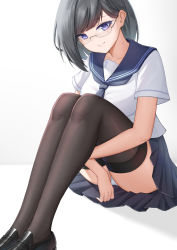 Rule 34 | 1girl, absurdres, ass, black footwear, black hair, black thighhighs, blue skirt, breasts, closed mouth, collarbone, commentary request, dot nose, forehead, frilled skirt, frills, full body, glasses, highres, hugging own legs, kafeifeifeifeifeifei jiemo jun, knees to chest, legs, legs together, medium hair, mole, mole on neck, original, panties, pantyshot, parted bangs, purple eyes, school uniform, shadow, shirt, shoes, short sleeves, simple background, skirt, smile, solo, split mouth, thighhighs, underwear, white background, white panties, white shirt