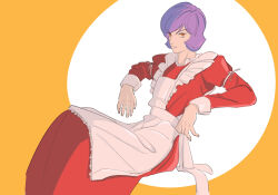 Rule 34 | 1boy, alternate costume, apron, closed mouth, crossdressing, dress, enmaided, frilled apron, frills, garma zabi, gundam, highres, invisible chair, juliet sleeves, leaning back, long dress, long sleeves, looking at viewer, maid, male focus, male maid, mobile suit gundam, orange background, orange eyes, puffy sleeves, purple hair, red dress, rrr (airguitar), short hair, sideways glance, simple background, sitting, smile, solo, two-tone background, white apron, white background