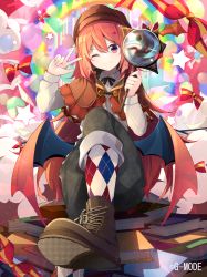 Rule 34 | 1girl, argyle, argyle clothes, argyle legwear, benio (dontsugel), blush, book, cloud, copyright notice, demon wings, detective, hat, long hair, magnifying glass, nmaaaaa, official art, one eye closed, rainbow, red eyes, red hair, sitting, smile, socks, solo, wings