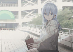 Rule 34 | 1girl, blue eyes, blue shirt, book, building, chihuri, closed mouth, day, drawstring, ear piercing, earrings, ende (chihuri), grey hair, hair between eyes, highres, holding, holding book, jacket, jewelry, long hair, long sleeves, looking at viewer, open book, original, outdoors, piercing, railing, shirt, smile, solo, stud earrings, traffic cone, upper body, white jacket