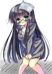 Rule 34 | 1girl, bad id, bad pixiv id, black hair, blush, breasts, business suit, cleavage, clothes pull, d:, formal, green eyes, hime cut, knees together feet apart, kouta., long hair, miniskirt, open mouth, original, rag, skirt, skirt pull, solo, suit, very long hair, wet, wet clothes