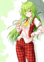 Rule 34 | 1girl, ;), aka tawashi, ascot, belt, blush, breasts, commentary request, crescent, feet out of frame, green background, green hair, hair between eyes, hand on own hip, head tilt, highres, holding, holding umbrella, index finger raised, kazami yuuka, kazami yuuka (pc-98), long hair, long sleeves, medium breasts, navel, one eye closed, pants, plaid, plaid pants, plaid vest, red eyes, red pants, red vest, shirt, silhouette, smile, solo, standing, touhou, touhou (pc-98), two-tone background, umbrella, vest, white background, white shirt, wing collar, yellow ascot