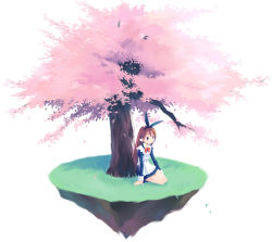 Rule 34 | 1girl, arm support, asami natsuhito, brown eyes, brown hair, cherry blossoms, hair ornament, island, long hair, original, pointy ears, sitting, solo, tree