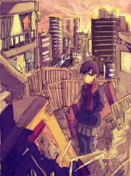 Rule 34 | 132, 1girl, androgynous, city, cityscape, scarf, scenery, solo, winter