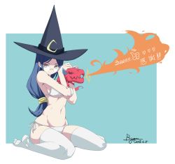 Rule 34 | 1girl, bikini, blue hair, chen yang yang, closed mouth, creature, dated, glasses, groin, hat, highres, hip bones, little witch academia, long hair, looking at viewer, low-tied long hair, narrow waist, navel, no shoes, parted bangs, red eyes, rimless eyewear, shadow, side-tie bikini bottom, signature, simple background, sitting, smile, solo, stomach, string bikini, swimsuit, thighhighs, ursula callistis, wariza, watermark, white background, white bikini, white thighhighs, witch hat