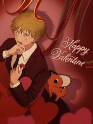 Rule 34 | 2boys, :3, black eyes, blonde eyebrows, blonde hair, candy, chainsaw, chainsaw man, cheek bulge, chocolate, chocolate heart, collared shirt, denji (chainsaw man), dog, english text, eyebrows, food, food on face, formal, hair between eyes, happy, happy valentine, heart, highres, holding, holding food, jacket, jeoth03k, light brown hair, long sleeves, looking at viewer, male focus, multiple boys, necktie, open mouth, pale skin, pillow, pochita (chainsaw man), red jacket, red neckwear, red suit, red theme, ribbon, shirt, short hair, sleeves past elbows, streamers, suit, tongue, white shirt, wiping face, wiping mouth, yellow eyes