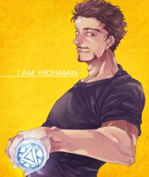 Rule 34 | 1boy, animification, arc reactor, bad id, bad pixiv id, bandages, brown hair, english text, facial hair, jaguchi (bbbing), male focus, marvel, mustache, smile, solo, tony stark