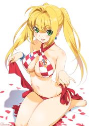 Rule 34 | 1girl, 2018 fifa world cup, adapted costume, ahoge, bare arms, bare legs, bare shoulders, bikini, blonde hair, breasts, checkered bikini, checkered clothes, cleavage, commentary request, croatia, earrings, fate/grand order, fate (series), full body, green eyes, halterneck, highres, inoue sora, jewelry, large breasts, long hair, looking at viewer, nail polish, nero claudius (fate), nero claudius (fate) (all), nero claudius (swimsuit caster) (fate), nike (company), open mouth, petals, red bikini, side-tie bikini bottom, sitting, smile, soccer, solo, stomach, swimsuit, white background, world cup