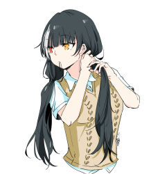 Rule 34 | 1girl, artist name, black hair, blunt bangs, breasts, citron80citron, collared shirt, commentary, cropped torso, girls&#039; frontline, hair tie in mouth, heterochromia, highres, holding, holding own hair, long hair, looking away, looking to the side, low tied hair, mouth hold, multicolored hair, red eyes, ro635 (girls&#039; frontline), shirt, short sleeves, simple background, solo, streaked hair, sweater vest, twintails, tying hair, upper body, white background, white hair, white shirt, yellow eyes