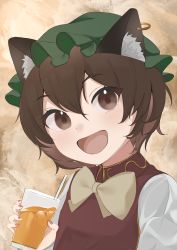 Rule 34 | 1girl, :d, absurdres, animal ear fluff, animal ears, bow, bowtie, brown hair, cat ears, chen, cup, drink, drinking straw, earrings, green hat, happy, hat, highres, holding, holding cup, jewelry, juice, mob cap, mug, nail polish, open mouth, palulap, red nails, smile, solo, touhou, upper body