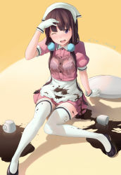 Rule 34 | 1girl, absurdres, accident, apron, black footwear, blend s, blush, bra, brown hair, coffee, collared shirt, commentary request, cup, dated, frilled apron, frills, gloves, hair between eyes, hand on own head, head scarf, head tilt, highres, holding, holding tray, lkqyan, long hair, looking at viewer, low twintails, mary janes, mug, one eye closed, open mouth, pink shirt, pink skirt, pom pom (clothes), purple eyes, sakuranomiya maika, see-through, shirt, shoes, silhouette, sitting, skirt, solo, spill, tears, thighhighs, tray, twintails, underwear, waist apron, waitress, wet, wet clothes, white apron, white bra, white gloves, white thighhighs, wing collar