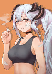 Rule 34 | 1girl, absurdres, alternate hairstyle, arknights, artist name, bare arms, bare shoulders, black choker, breasts, brown eyes, choker, cigarette, commentary request, crop top, hair between eyes, hand up, highres, holding, holding cigarette, horns, large breasts, long hair, looking at viewer, midriff, orange background, ponytail, saria (arknights), signature, silver hair, simple background, smoke, solo, sports bra, upper body, wingure