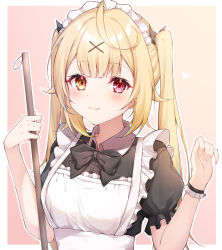 Rule 34 | :3, apron, blonde hair, bow, bowtie, broom, closed mouth, collared dress, dress, frills, hair ornament, hands up, heterochromia, holding, holding broom, hoshikawa sara, looking at viewer, maid, maid apron, maid headdress, multicolored hair, nijisanji, puffy short sleeves, puffy sleeves, red eyes, short sleeves, smile, streaked hair, virtual youtuber, x hair ornament, yellow eyes, zky (oekaky)