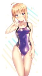 Rule 34 | 1girl, absurdres, ahoge, artoria pendragon (all), artoria pendragon (fate), bad id, bad pixiv id, bare arms, bare shoulders, blonde hair, blush, breasts, cleavage, collarbone, competition swimsuit, contemporary, covered navel, cowboy shot, fate (series), gluteal fold, green eyes, hair bun, hand on own hip, head tilt, highleg, highleg swimsuit, highres, ichiren namiro, looking at viewer, medium breasts, official alternate costume, one-piece swimsuit, parted lips, purple one-piece swimsuit, saber (fate), saber (summer battle clothes) (fate), sidelocks, single hair bun, solo, swimsuit, thigh gap, thighs