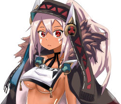 Rule 34 | 1girl, absurdres, azur lane, blush, breast curtain, breasts, brown cape, brown hood, cape, commentary request, crossed bangs, dark-skinned female, dark skin, expressionless, facepaint, fur-trimmed cape, fur trim, hair between eyes, high ponytail, highres, hood, hood up, long hair, looking at viewer, medium breasts, minneapolis (azur lane), red eyes, revealing clothes, shakobii, simple background, solo, underboob, upper body, white background