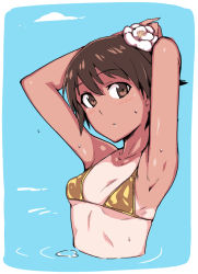 Rule 34 | 1girl, :o, armpits, arms behind head, arms up, bathing, bikini, blue background, blush, breasts, brown bikini, brown eyes, brown hair, collarbone, em (totsuzen no hakike), flower, hair flower, hair ornament, head tilt, looking at viewer, miyafuji yoshika, one-piece tan, parted lips, partially submerged, short hair, small breasts, solo, strike witches, string bikini, swimsuit, tan, tanline, underboob, upper body, water, water drop, white flower, world witches series