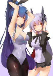Rule 34 | &gt;:), 2girls, animal ears, arm behind head, arms up, bare shoulders, black bow, black legwear, black skirt, blue hair, blush, bow, brown eyes, center frills, closed mouth, collarbone, commentary request, covered navel, cowboy shot, detached sleeves, closed eyes, fake animal ears, five-seven (girls&#039; frontline), frills, girls&#039; frontline, hair between eyes, hair down, hair ornament, hand in own hair, head tilt, headgear, high ponytail, leotard, light purple hair, long hair, long sleeves, looking at viewer, mouth hold, multiple girls, pantyhose, playboy bunny, pleated skirt, purple legwear, rabbit ears, shirt, skirt, sleeveless, sleeveless shirt, tar-21 (girls&#039; frontline), v-shaped eyebrows, very long hair, white background, white shirt, yueqin (monnpiano)