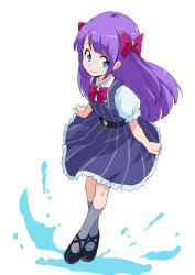 Rule 34 | 1girl, blue eyes, bow, closed mouth, crossed legs, dress, eyes visible through hair, from above, hair bow, holding, holding clothes, kaguya madoka, long hair, looking to the side, precure, purple hair, school uniform, short sleeves, simple background, smile, star twinkle precure, uraki, white background
