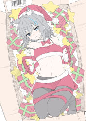 Rule 34 | 1girl, animal ear fluff, animal ears, artist name, barcode, blue archive, blue eyes, bound, bound legs, bow, bowtie, box, crop top, cross hair ornament, detached collar, extra ears, from above, gift, gift box, grey hair, hair between eyes, hair ornament, hat, highres, in box, in container, masabodo, medium hair, miniskirt, mismatched pupils, navel, no shoes, pantyhose, red bow, red bowtie, red ribbon, red skirt, ribbon, santa hat, shiroko (blue archive), skirt, solo, star (symbol), stomach