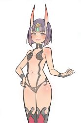 Rule 34 | 1girl, absurdres, blush, bob cut, breasts, eyeliner, fang, fate/grand order, fate (series), highres, horns, kiritzugu, looking at viewer, makeup, navel, oni, open mouth, purple eyes, purple hair, revealing clothes, short hair, shuten douji (fate), skin-covered horns, small breasts, smile
