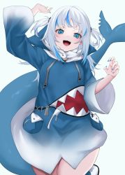 Rule 34 | 1girl, :d, absurdres, arms up, blue background, blue eyes, blue hoodie, blue socks, blush, fins, fish tail, from below, gawr gura, gawr gura (1st costume), highres, hololive, hololive english, hood, hoodie, long hair, long sleeves, looking at viewer, multicolored hair, na-code (gurich), nail polish, open mouth, pocket, shark girl, shark tail, sharp teeth, sidelocks, simple background, smile, socks, solo, streaked hair, tail, teeth, twintails, upper teeth only, virtual youtuber, white footwear, white hair, wide sleeves
