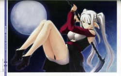 Rule 34 | 1girl, bra, dancing crazies, lingerie, long legs, moon, open clothes, open shirt, pointy ears, red eyes, ribbon, sasaki tamaru, scythe, shirt, skirt, solo, twintails, underwear, white hair