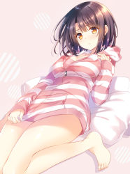 Rule 34 | 1girl, arm up, bare legs, blush, bra, breasts, brown eyes, brown hair, cleavage, closed mouth, commentary request, embarrassed, highres, hood, hoodie, katou megumi, looking at viewer, medium breasts, medium hair, pajamas, pillow, pink background, pink bra, pink hoodie, pout, pulling, saenai heroine no sodatekata, simple background, sitting, solo, striped clothes, striped hoodie, tatekawa mako, thighs, underwear, wariza, zipper
