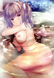 Rule 34 | 1girl, absurdres, ass, bath, bathing, blush, breasts, bush, choko (cup), cup, eyelashes, from side, groin, hair intakes, hair ornament, hair scrunchie, highres, large breasts, long hair, looking at viewer, melonbooks, nipples, non-web source, nude, one side up, onsen, open mouth, original, outdoors, partially submerged, purple eyes, rock, scan, scrunchie, smile, solo, steam, takano yuki (allegro mistic), thighs, tokkuri, water, white scrunchie