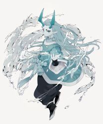Rule 34 | 1boy, aqua hair, aqua horns, aqua skin, black pants, blue eyes, expressionless, floating, hand up, highres, horns, long hair, long sleeves, looking at viewer, luo xiaohei zhanji, male focus, pants, pointy ears, sen juge, shadow, solo, water, wide sleeves, xuhuai (the legend of luoxiaohei)