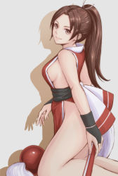 Rule 34 | 1girl, breasts, bridal gauntlets, brown eyes, brown hair, fatal fury, female focus, hand fan, high ponytail, highres, holding, holding fan, looking at viewer, matching hair/eyes, medium breasts, ninja, no panties, pelvic curtain, ponytail, revealing clothes, shadow, shiranui mai, sideboob, silhouette, smile, snk, solo, the king of fighters, tyanoki