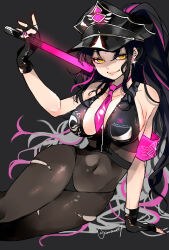 Rule 34 | 1girl, arm support, arm up, bikini, black background, black bikini, black gloves, black hair, black hat, bodystocking, closed mouth, commentary, covered navel, earrings, facial mark, fate/grand order, fate (series), feet out of frame, fingerless gloves, fingernails, forehead mark, gloves, grey hair, hat, highres, holding, jewelry, kaname ryou, long hair, looking at viewer, mudra, multicolored hair, necktie, peaked cap, pink armband, pink hair, pink nails, pink necktie, police hat, ponytail, sessyoin kiara, sessyoin kiara (swimsuit mooncancer), sessyoin kiara (swimsuit mooncancer) (second ascension), sidelocks, simple background, smile, solo, streaked hair, swimsuit, torn bodystocking, torn clothes, traffic baton, twitter username, very long hair, vitarka mudra, yellow eyes, zipper pull tab