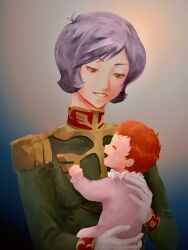 Rule 34 | 1boy, 1girl, absurdres, amaiokashi, baby, baby carry, blue background, brother and sister, brown eyes, carrying, closed eyes, epaulettes, garma zabi, gloves, gradient background, green jacket, grin, gundam, high collar, highres, jacket, long sleeves, looking back, military uniform, mineva lao zabi, mobile suit gundam, open mouth, orange hair, paper texture, purple hair, short hair, siblings, simple background, smile, uniform, white background, white gloves