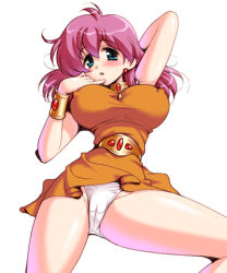 Rule 34 | 1990s (style), 1girl, arm up, artist request, blush, breasts, covered erect nipples, female focus, final fantasy, final fantasy v, green eyes, large breasts, lenna charlotte tycoon, long hair, lowres, panties, pantyshot, pink hair, solo, underwear, upskirt, white background, white panties, wristband