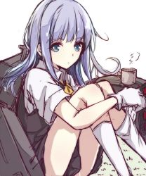 Rule 34 | 10s, 1girl, backpack, bad id, bad pixiv id, bag, berukko, blue eyes, cup, dress shirt, gloves, hatsukaze (kancolle), kantai collection, long hair, looking at viewer, mug, personification, shirt, sitting, skirt, solo, white gloves