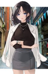 Rule 34 | 1girl, absurdres, black hair, black shirt, blazer, blue eyes, blurry, blurry background, blush, bracelet, crossed arms, earrings, grey skirt, highres, jacket, jewelry, lebring, long sleeves, looking at viewer, medium hair, mole, mole under eye, necklace, open mouth, original, outdoors, pencil skirt, photo background, shirt, skirt, solo, standing, watch, white jacket