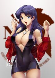 Rule 34 | 1girl, alternate breast size, bare legs, blue eyes, blurry, breasts, brown eyes, cleavage, cowboy shot, cropped jacket, cross, cross necklace, curvy, depth of field, dress, facing viewer, female focus, highres, jacket, jewelry, katsuragi misato, large breasts, legs together, lenadai, long hair, looking at viewer, medium breasts, microdress, necklace, neon genesis evangelion, nerv, no bra, off shoulder, open clothes, open mouth, panties, pantyshot, parted bangs, purple dress, purple hair, red jacket, red panties, revealing clothes, shiny skin, short dress, simple background, sleeveless, sleeveless dress, smile, solo, standing, thigh gap, underwear