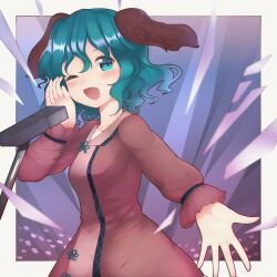 Rule 34 | 1girl, absurdres, animal ears, blush, dog ears, dress, green eyes, green hair, highres, kasodani kyouko, long sleeves, microphone, microphone stand, nazawa (nother), one eye closed, open mouth, pink dress, reaching, reaching towards viewer, short hair, smile, solo, touhou, upper body