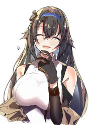 Rule 34 | 1girl, absurdres, anger vein, arm warmers, bare shoulders, breasts, closed eyes, e sky rugo, finger to own chin, girls&#039; frontline, gloves, hair flaps, highres, large breasts, long hair, mod3 (girls&#039; frontline), mole, mole under eye, open mouth, revision, sidelocks, sleeveless, smile, solo, super sass (girls&#039; frontline), super sass (mod3) (girls&#039; frontline), very long hair