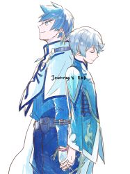 Rule 34 | 10s, 2boys, back-to-back, bad id, bad pixiv id, bishounen, bodice, bracelet, cloak, earrings, closed eyes, feathers, fingerless gloves, gloves, height difference, holding hands, jewelry, male focus, mikleo (tales), multiple boys, pants, smile, sorey (tales), tales of (series), tales of zestiria