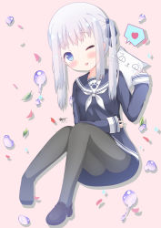 Rule 34 | 1girl, ;3, ;d, absurdres, black footwear, blue bow, blue dress, blue sailor collar, blush, bow, brown background, commentary request, copyright request, dress, full body, grey pantyhose, hair bow, head tilt, heart, highres, liang feng qui ye, loafers, long hair, long sleeves, neckerchief, one eye closed, open mouth, pantyhose, sailor collar, sailor dress, shoes, sidelocks, silver hair, single shoe, sleeves past wrists, smile, solo, spoken heart, striped, striped bow, twintails, virtual youtuber, white neckerchief