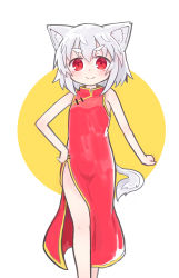 Rule 34 | 1girl, absurdres, alternate costume, animal ear fluff, animal ears, bare arms, bare shoulders, blush, breasts, closed mouth, dress, hair between eyes, hand on own hip, highres, inubashiri momiji, kibisake, red dress, red eyes, silver hair, sleeveless, sleeveless dress, small breasts, smile, solo, standing, tail, thick eyebrows, touhou, two-tone background, white background, wolf ears, wolf girl, wolf tail, yellow background