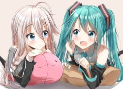 Rule 34 | 2girls, ahoge, aqua eyes, aqua hair, blush, commentary request, hair between eyes, hatsune miku, highres, ia (vocaloid), long hair, long sleeves, looking at another, lying, multiple girls, nail polish, on stomach, open mouth, pentagon (railgun ky1206), pink hair, twintails, very long hair, vocaloid