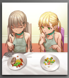 Rule 34 | 2girls, alice (as109), as109, blonde hair, blush, border, choker, city no.109, closed eyes, eating, fork, green eyes, grey border, hair ornament, hairclip, hospital gown, knife, light brown hair, long hair, looking to the side, mole, mole under eye, multiple girls, one side up, original, plate, pointy ears, sitting, sleeveless
