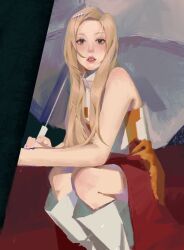 Rule 34 | 1girl, blonde hair, blush, boots, brown eyes, chinese commentary, highres, holding, holding umbrella, k-pop, long hair, looking at viewer, mamamoo, moonbyul (mamamoo), nanwanklae, parted lips, procreate (medium), real life, red skirt, shirt, sitting, skirt, sleeveless, sleeveless shirt, solo, umbrella, white footwear, white shirt