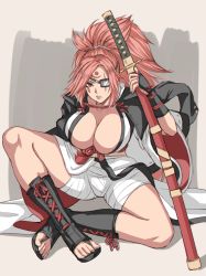 Rule 34 | 1girl, arc system works, armor, baiken, big hair, black jacket, black kimono, breasts, cleavage, eyepatch, facial tattoo, greaves, guilty gear, highres, jacket, jacket on shoulders, japanese clothes, kataginu, katana, kimono, kurone rinka, large breasts, long hair, looking at viewer, multicolored clothes, multicolored kimono, one-eyed, open clothes, parted lips, pink hair, ponytail, red eyes, samurai, sandals, sash, scar, scar across eye, scar on face, sitting, solo, sword, tattoo, weapon, white kimono