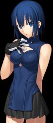 Rule 34 | 1girl, black background, black skirt, blue dress, blue eyes, blue hair, ciel (tsukihime), cleavage cutout, clothing cutout, dress, gloves, highres, looking at viewer, screencap, short hair, skirt, solo, thighs, tight clothes, tsukihime