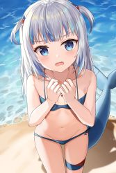Rule 34 | 1girl, absurdres, bad id, bad twitter id, beach, bikini, blue bikini, blue eyes, blue hair, breasts, collarbone, cowboy shot, fins, fish tail, gawr gura, grey hair, groin, hair ornament, highres, hololive, hololive english, long hair, looking at viewer, micro bikini, multicolored hair, navel, open mouth, sand, shadow, shark hair ornament, shark tail, sharp teeth, short twintails, small breasts, solo, streaked hair, swimsuit, tail, teeth, thigh strap, twintails, virtual youtuber, water, zeroillya